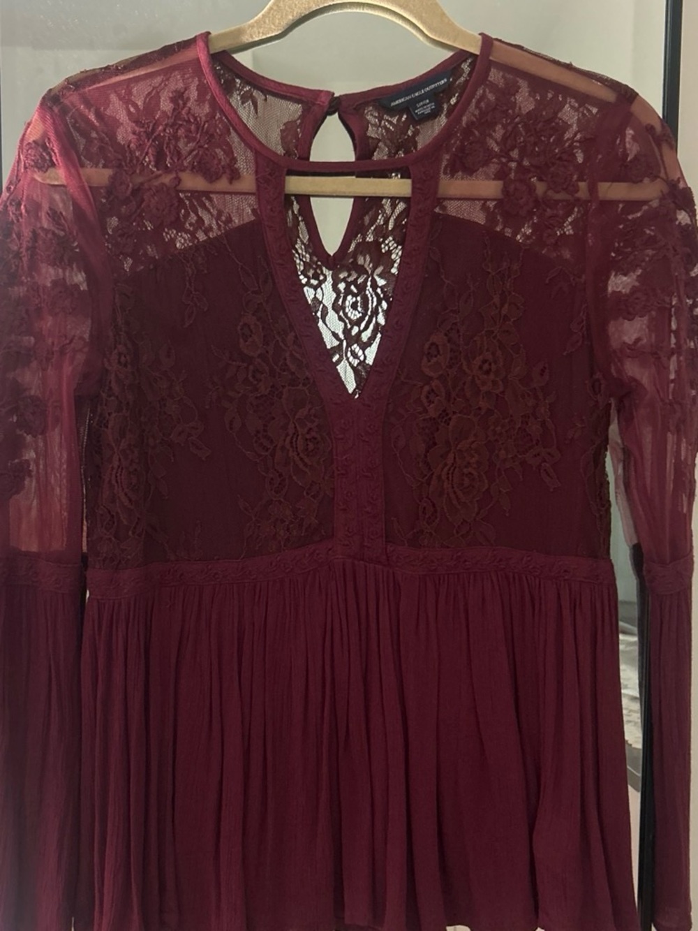 American Eagle Outfitters Burgundy Lace Long Sleeve Dress